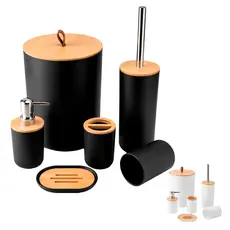 Kit 6 Peças Banheiro Lavabo Conjunto Acessórios lixeira escova Bambu Luxo Preto/Branco