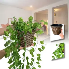 Kit Plantas Decorativa: 4 Vasos Trançado Marrom + 12 Pendentes Artificial Folhas De Hera