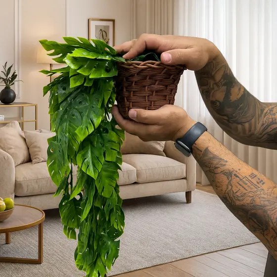 Planta Decorativa: Vasos Trançado Marrom + Pendentes Artificial Folhas De Adão