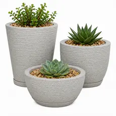 Kit Com 3 Vasos Decorativo de Planta Escovado Polietileno Com Prato Cone + Bojo + Bacia