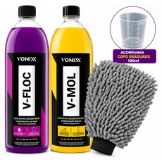 Kit Lavagem Automotiva Vonixx V-Floc 1,5L V-Mol 1,5L Luva Microfibra Shampoo Carro Moto