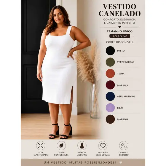 Vestido  Feminino  midi com Alça Decote quadrado Tecido Ribana Premium