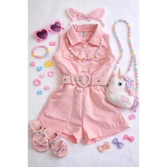 macacão curto infantil Feminino Elegante com cinto tecido alfaiataria premium