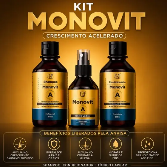 Kit Crescimento Capilar Monovit Tônico, Shampoo Bomba e Condicionador