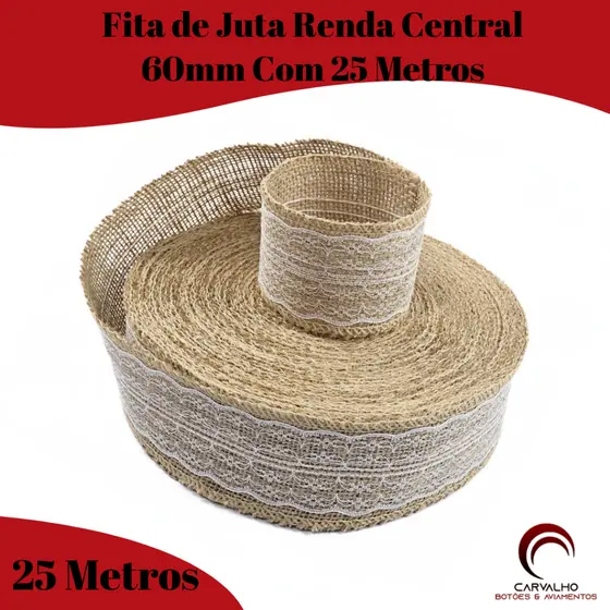 Fita De Juta Natural Com Renda Branca Central 60mm Com 5 | 10 | 15 | 25 Metros Fita Para Artesanato