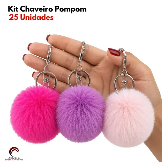 Kit 25 Chaveiros Pompom Pelúcia 70mm Com Argola Chaveiro Feminino Para Bolsa Mochila e Chaves
