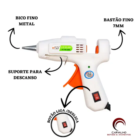 Pistola De Cola Quente Bivolt Profissional 20w Bastão G Branca 7mm - Botao Liga e Desliga Envio Rapido