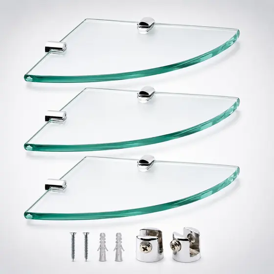 Kit 03 Prateleiras Multiuso Vidro para canto - Vidro Incolor com Suporte Metal Porta Objetos