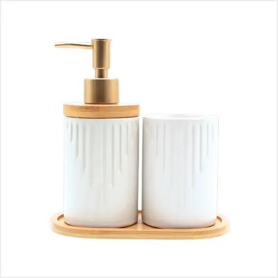Jogo De Banheiro Lavabo Porcelana Relevo Pump Luxo E Bandeja Bambu
