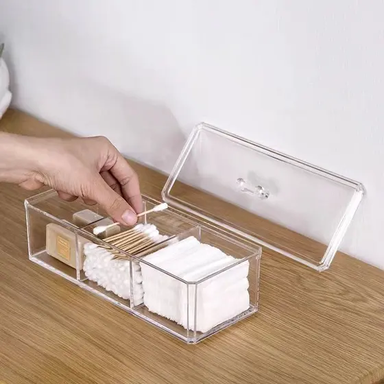 Caixa em CRISTAL Acrílico organizador com 3 Divisórias e Tampa Transparente para Maquiagens e Jóias
