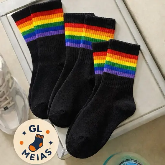 Kit pares de Meias Algodão Cano Alto Coloridas Arco Íris lgbt