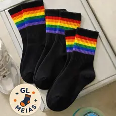 Kit pares de Meias Algodão Cano Alto Coloridas Arco Íris lgbt