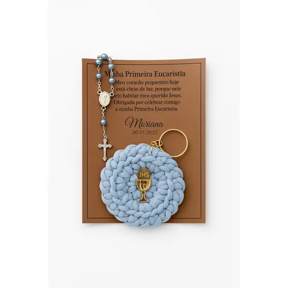 Kit Lembrancinha de Primeira Eucaristia Personalizada – Acompanha terçinho e chaveiro