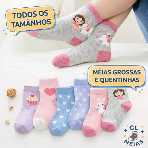 Kit 12 Pares Meia Infantil Feminina Estampada Meias Grossas e Quentinhas Excelente Qualidade