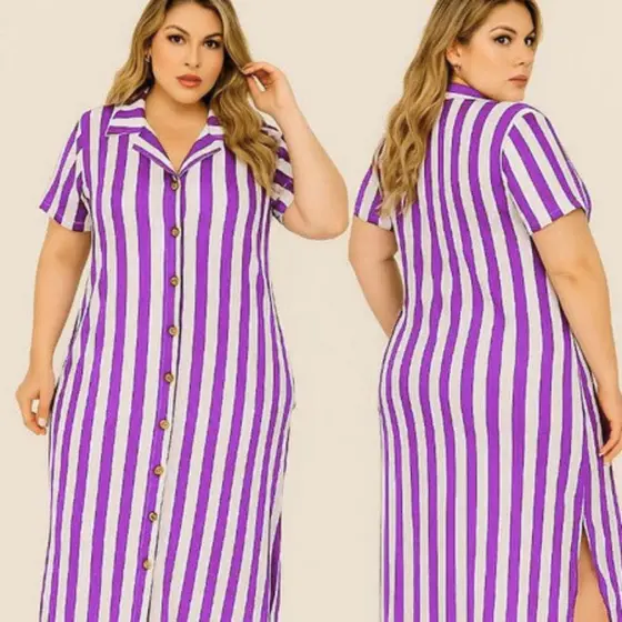 Vestido Midi Feminino Plus Size Chemise Listrado com Bolsos Laterais – Viscolycra Macia