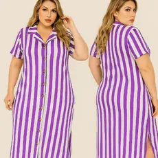 Vestido Midi Feminino Plus Size Chemise Listrado com Bolsos Laterais – Viscolycra Macia