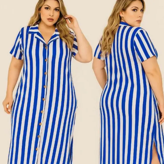 Vestido Chemise Listrado Midi Plus Size com Bolsos – Moda Feminina em Viscolycra
