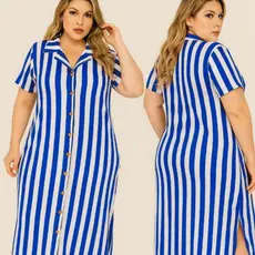 Vestido Chemise Listrado Midi Plus Size com Bolsos – Moda Feminina em Viscolycra