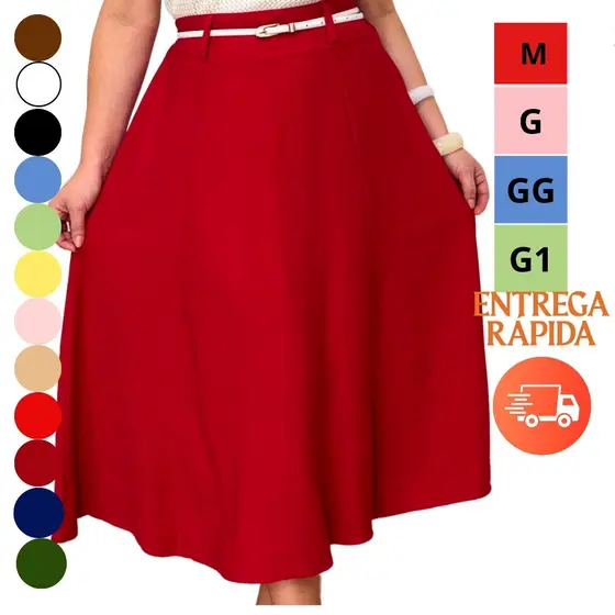 Saia Midi Feminina Cintura Alta com Elástico Atrás Saia Rodada Elegante Moda Evangélica Confortável