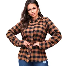 Camisa Xadrez Feminina Tecido Crepinho Blusa Quadriculada Manga Longa Festa Junina