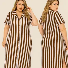 Vestido Chemise Plus Size Midi Listrado em Viscolycra com Bolso e Manga Curta