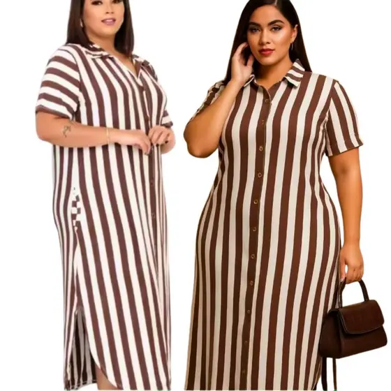 Vestido Midi Longo Listrado Feminino Malha Viscolycra Confortável Verão