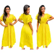 Vestido Longo Plus Size Duna Pipoca Feminino | Elegante para Festa e Casual | Manga Curta com Babado e Cós Elástico