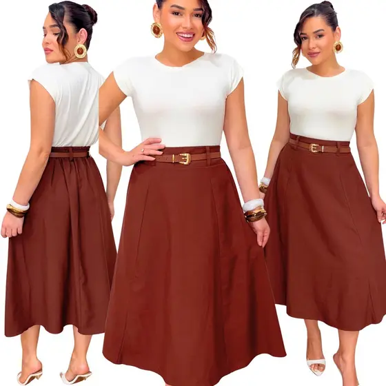Saia Midi Feminina Tecido Sensorial Marrant Cintura Alta Com Elástico Atrás E Bolso Plus Size M Ao G1 Tendência Moda Eva