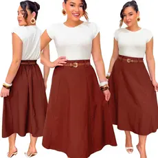Saia Midi Feminina Tecido Sensorial Marrant Cintura Alta Com Elástico Atrás E Bolso Plus Size M Ao G1 Tendência Moda Eva