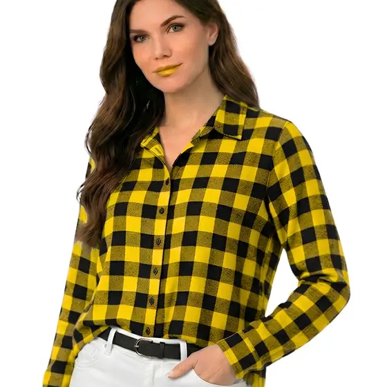 Camisa Feminina Xadrez Tecido Crepinho Premium Leve Não Amassa Modesta