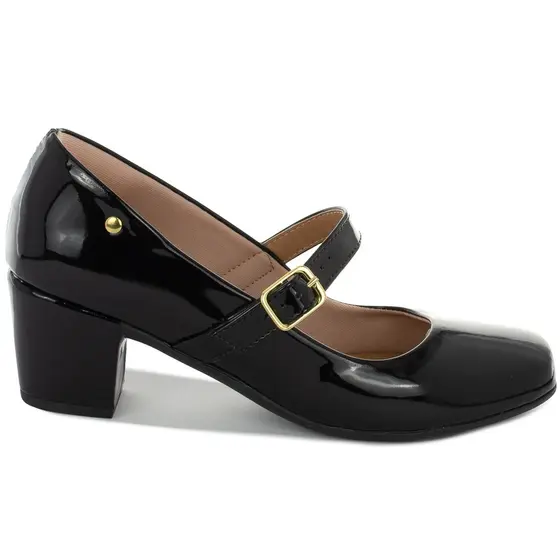 Sapato Scarpin Feminino Bico Quadrado Salto Bloco Médio Peep Toe Moda Modesta Confortável Ref: 64.84