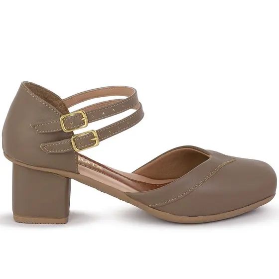 Sapato Feminino Salto Bloco Preto com Fivela Dupla e Bordado Moda Evangélica Ref: 1065