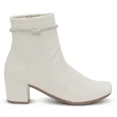 Coturno Feminino Off White Cano Curto Salto Grosso Confortável Fivela Brilhante Elegante Ref: 180