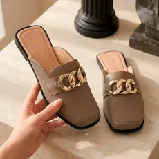 Mule Feminino Macerata Bico Quadrado Corrente Dourada Elegante Conforto Ref: R-151