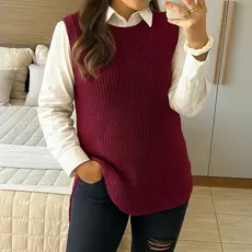 Colete Feminino Tricot Mulet Fenda Lateral Pullover Moda Luxo