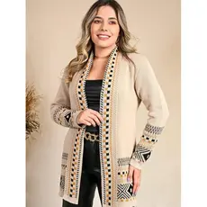 Cardigan Kimono Tricot Feminino Quadriculado Casaco teddy manga Longa Aberto  Elegante Charmy Tricot