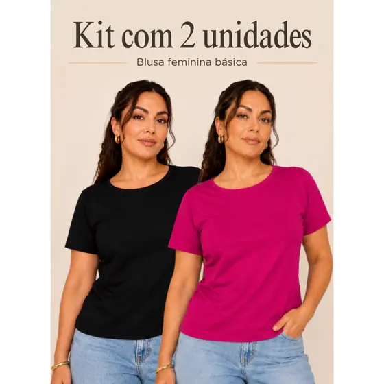 Kit 2 Camiseta Gola Redonda Feminina Viscolycra Básica Barra Reta com Pequenas Aberturas Laterais