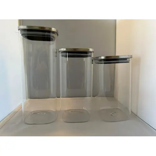3 Potes Vidro Quadrado Tampa Inox  (1 Pote 1000ml Inox + 1 Pote 1400 Ml+ 1 Pote 1800ml)