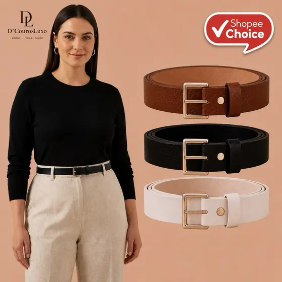 Kit 3 Cintos Femininos Couro Passador Ajustável Preto Branco Caramelo