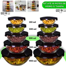 Kit até 10 Potes de Vidro Hermético com Tampa Tigela Redondo Freezer Micro-ondas Marmita Empilhável
