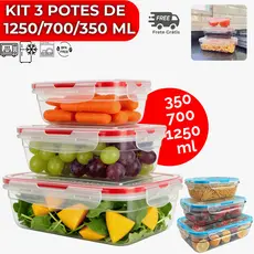 Kit 3 Potes Herméticos Com Tampa 4 Travas Pote Alta Vedação Não Vaza Marmitas Fitness Saladas