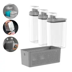 Kit 3 Dispenser + Cesto Organizador Lavanderia Porta Sabão Líquido Pó Amaciante - Ou Linha Flow