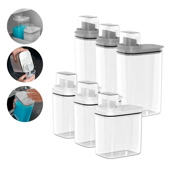 Kit Dispenser Organizador Lavanderia Acrílico Porta Sabão Líquido Pó Amaciante - Ou Linha Flow