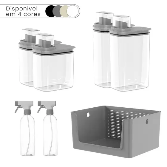 Kit Lavanderia 7 Peças Cesto Organizador + Dispenser Sabão 1,5L e 2,3L + Borrifador