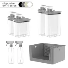 Kit Lavanderia 7 Peças Cesto Organizador + Dispenser Sabão 1,5L e 2,3L + Borrifador
