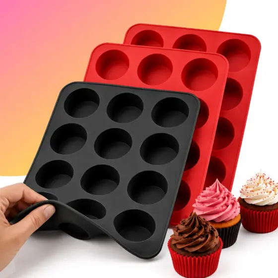 Kit 1/3 Forma Silicone 12 Cavidades Cupcake Empada Antiaderente Assadeira Bolo Mini Bolinho Pão Queijo