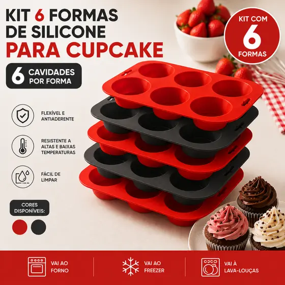 KIT 1/3/6 FORMA SILICONE 6 COMPATIMENTO DOCE BOLO CUPCAKE RESISTENTE ANTIADERENTE DOBRÁVEL SOBREMESA