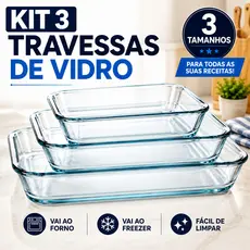 Kit 3 Travessas Vidro Retangulares Conjunto Assadeira Assar Cozinha Lasanha Bolo Domésticas Multiuso
