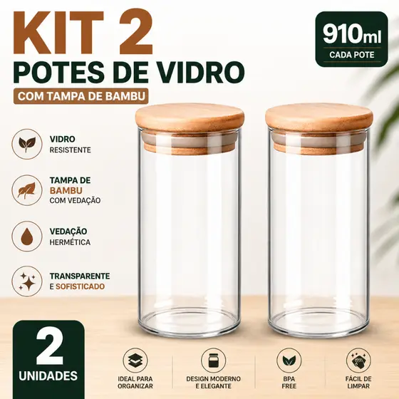 Kit 2 Potes de Vidro com Tampa de Bambu Biscoito Organizador Alimentos 910ml Cereais Cozinha Cereais
