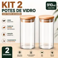 Kit 2 Potes de Vidro com Tampa de Bambu Biscoito Organizador Alimentos 910ml Cereais Cozinha Cereais